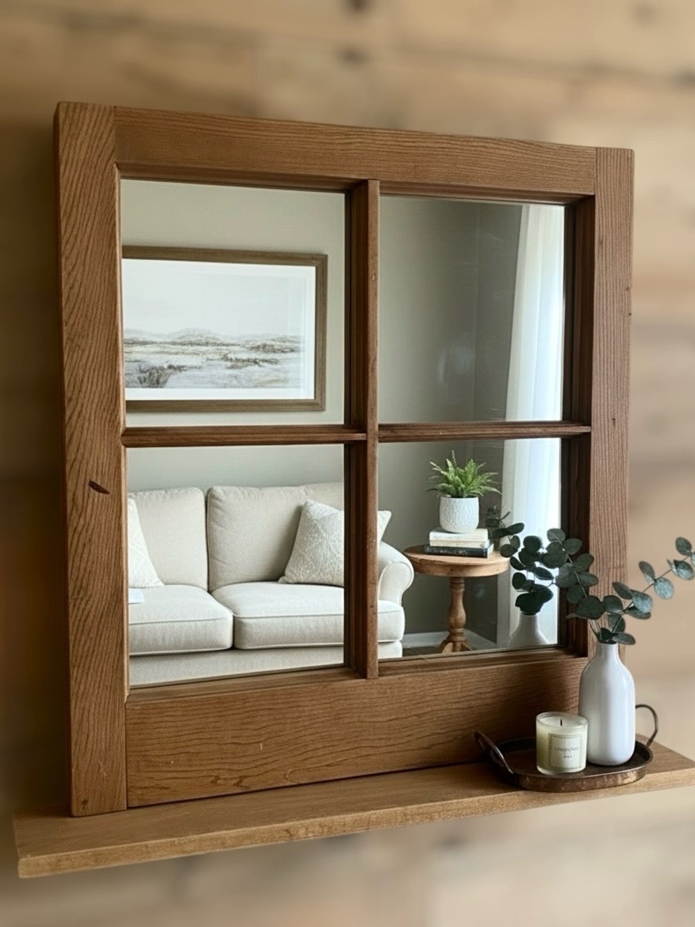 Vintage Wood Window Frame Hanging Wall Mirror and Shelf 4 Panes Distressed